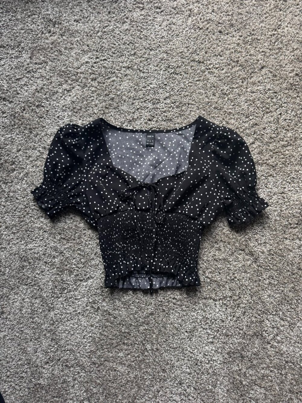SHEIN Black Polka Dot Puff Sleeve Smocked Tie Front Blouse Top  Size Small